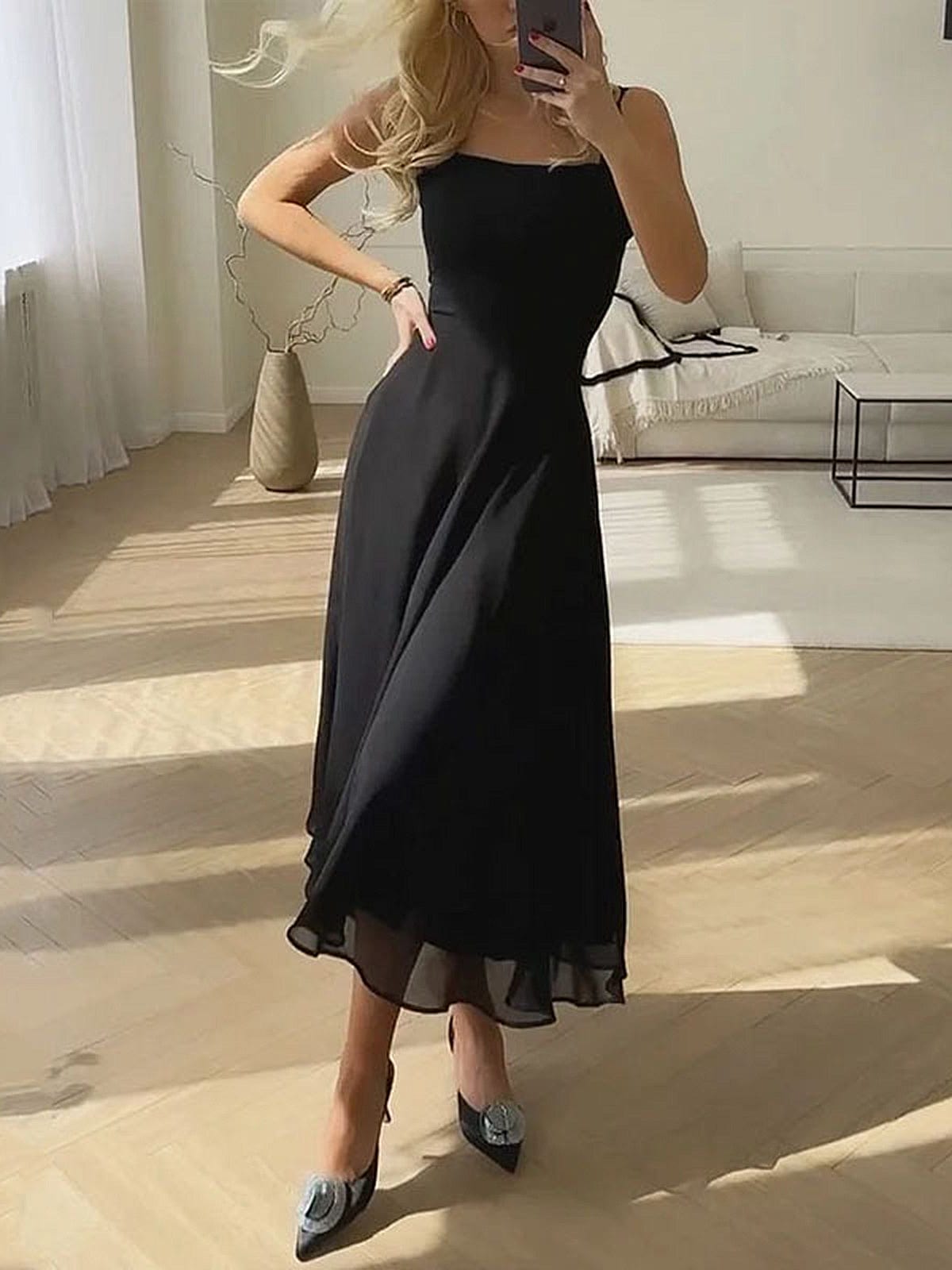 Damen Ärmelloses Midi-Kleid A-Linie Quadrat-Hals