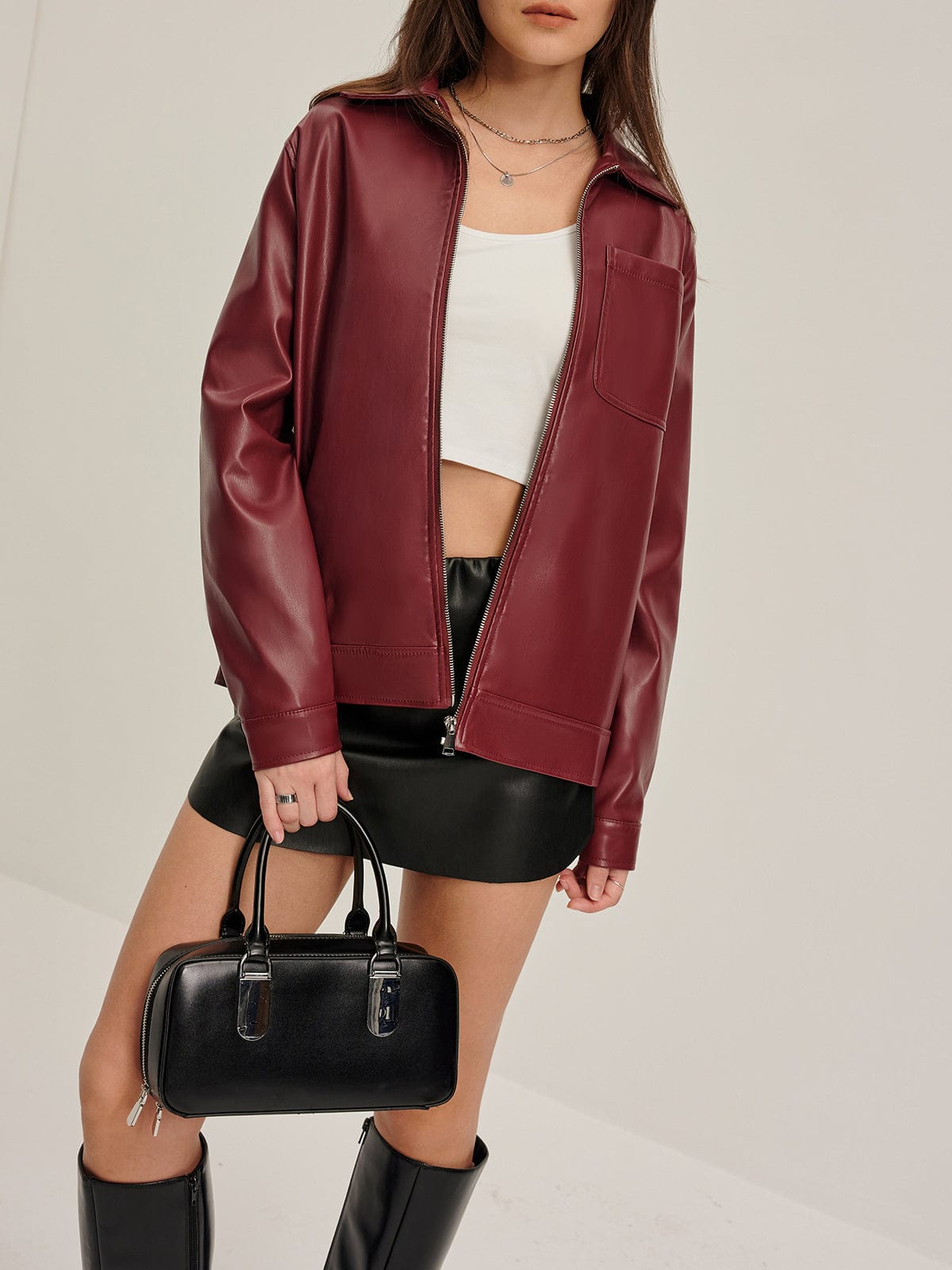 Damen Kunstlederjacke Bordeauxrot