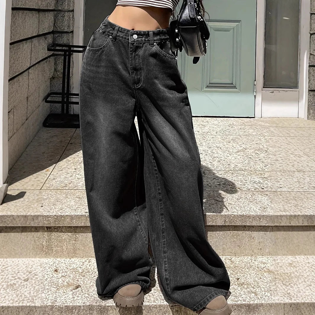 Norvielle Damen Baggy Jeans Weite Bein Komfortschwarz