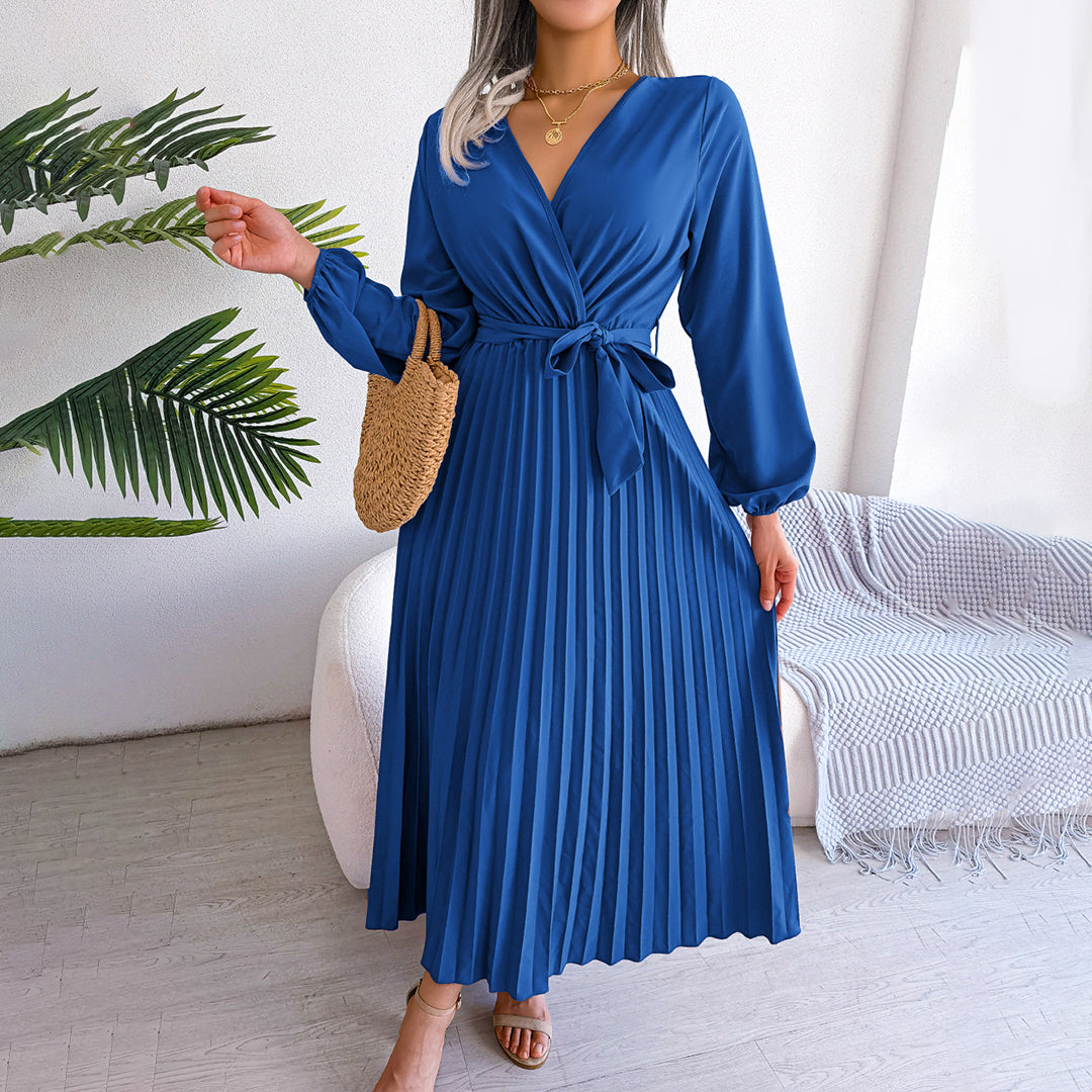 Damen Maxikleid V-Ausschnitt Taillengürtel Plisseerock