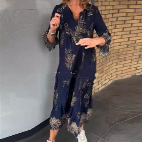 Damen Bohemian Kleid V-Ausschnitt Knöpfe Längsärmel - Norvielle