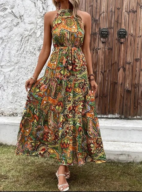 Damen Retro Maxi Kleid Halterneck Vintage-Inspiriert
