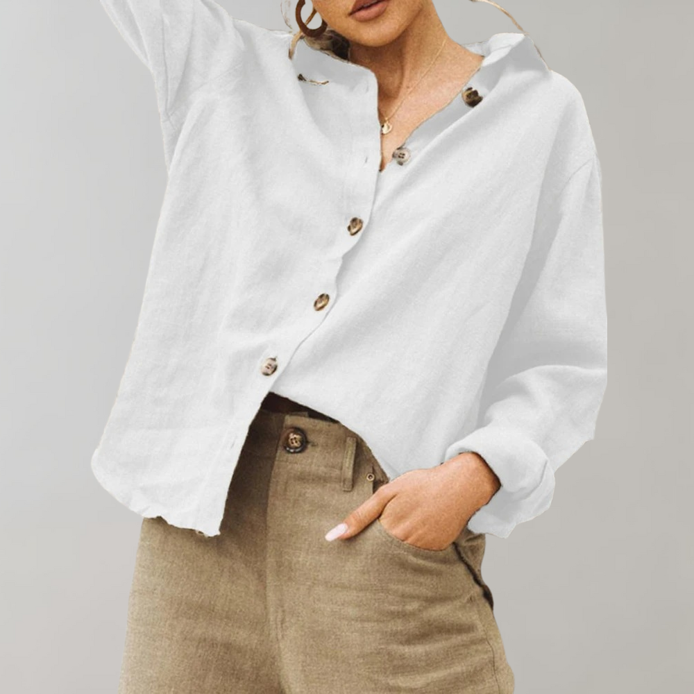 Damen Leinenbluse Blumendruck Weiß