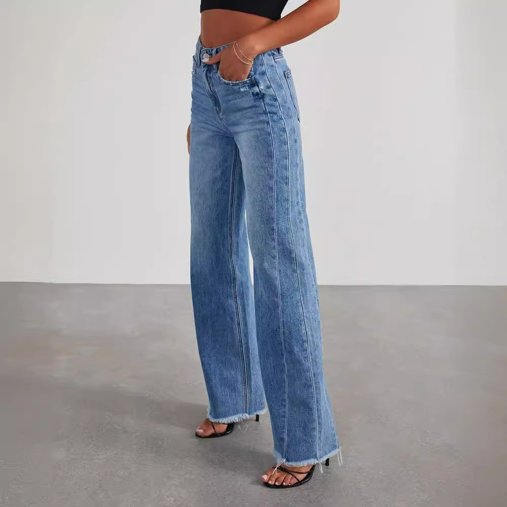 Damen Weite Gerade Jeans Vintage Gewaschen