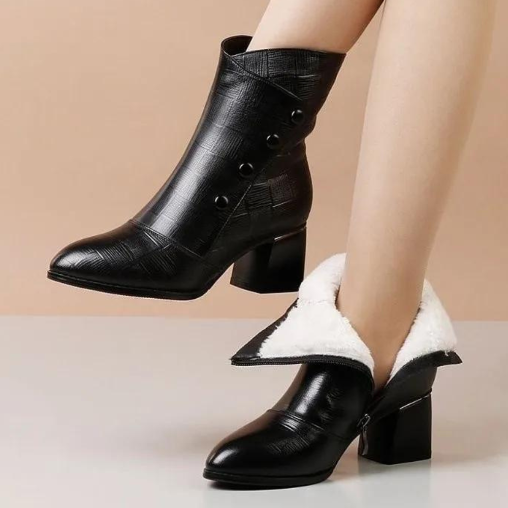 Damen Stiefeletten Strukturiertes Leder Blockabsatz Abgerundete Spitze