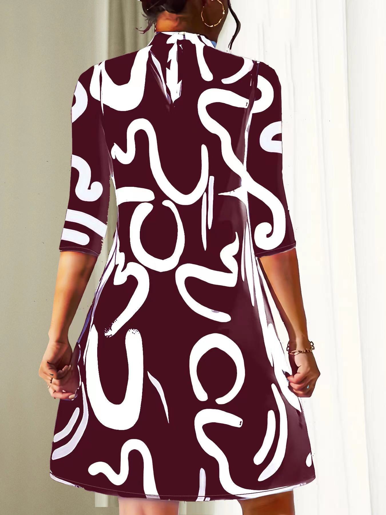 Damen Stehkragen Kleid 3/4 Ärmel Lässig