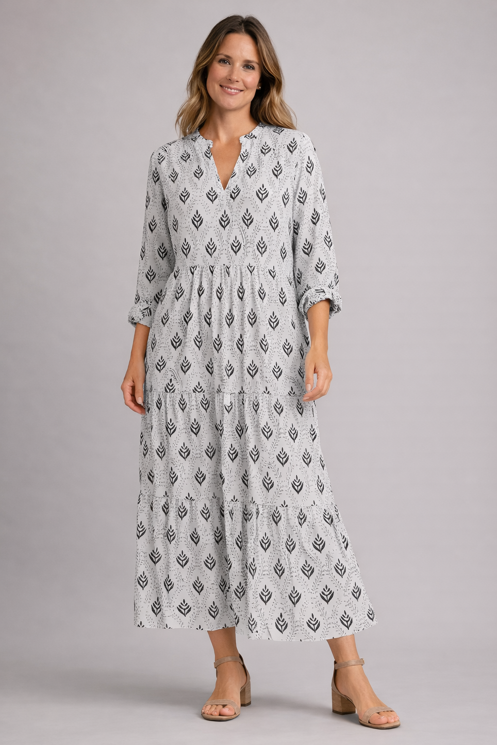 Damen Maxikleid Stufenrock V-Ausschnitt Boho-Stil