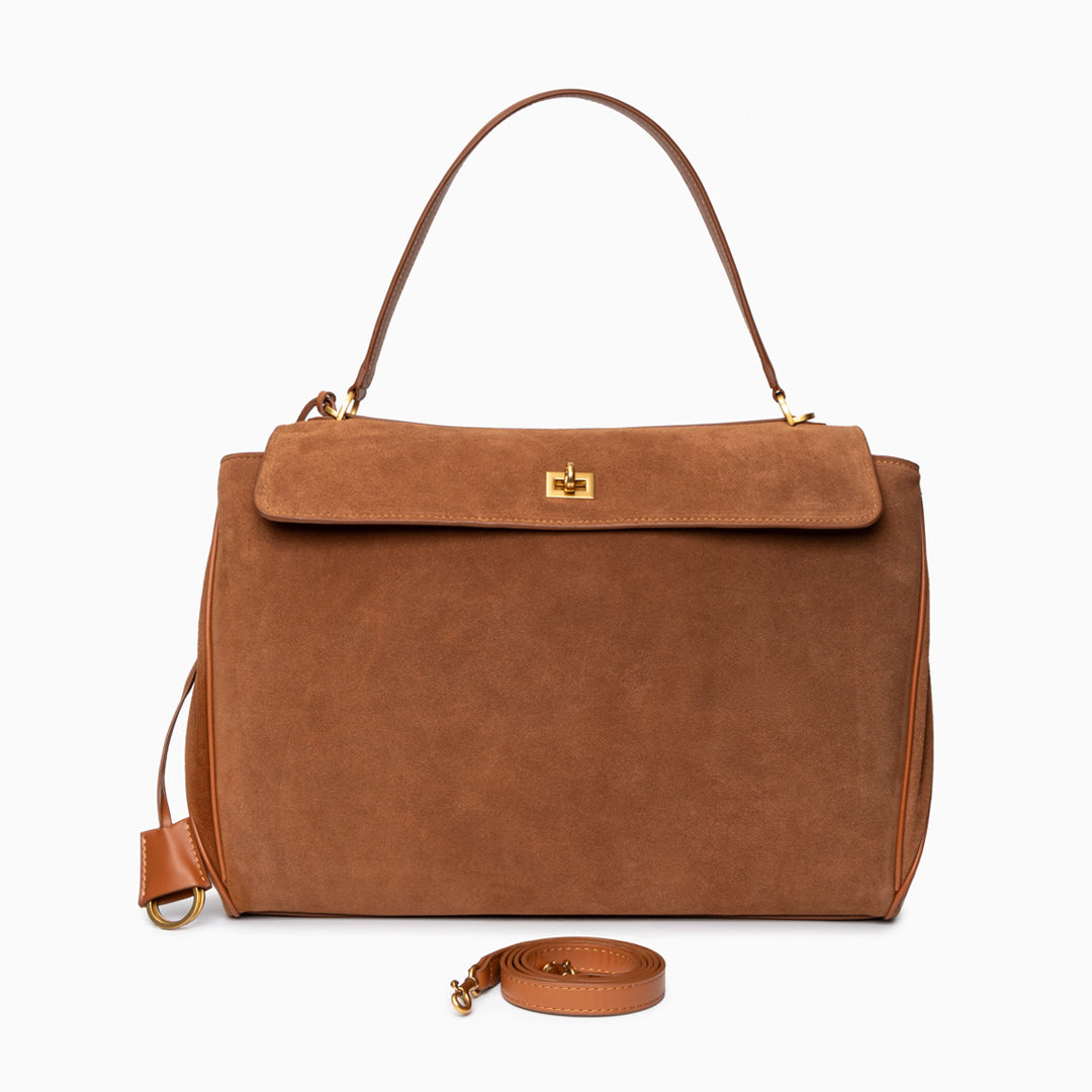Damenhandtasche Dunkelbraunes Wildleder Goldfarbener Verschluss