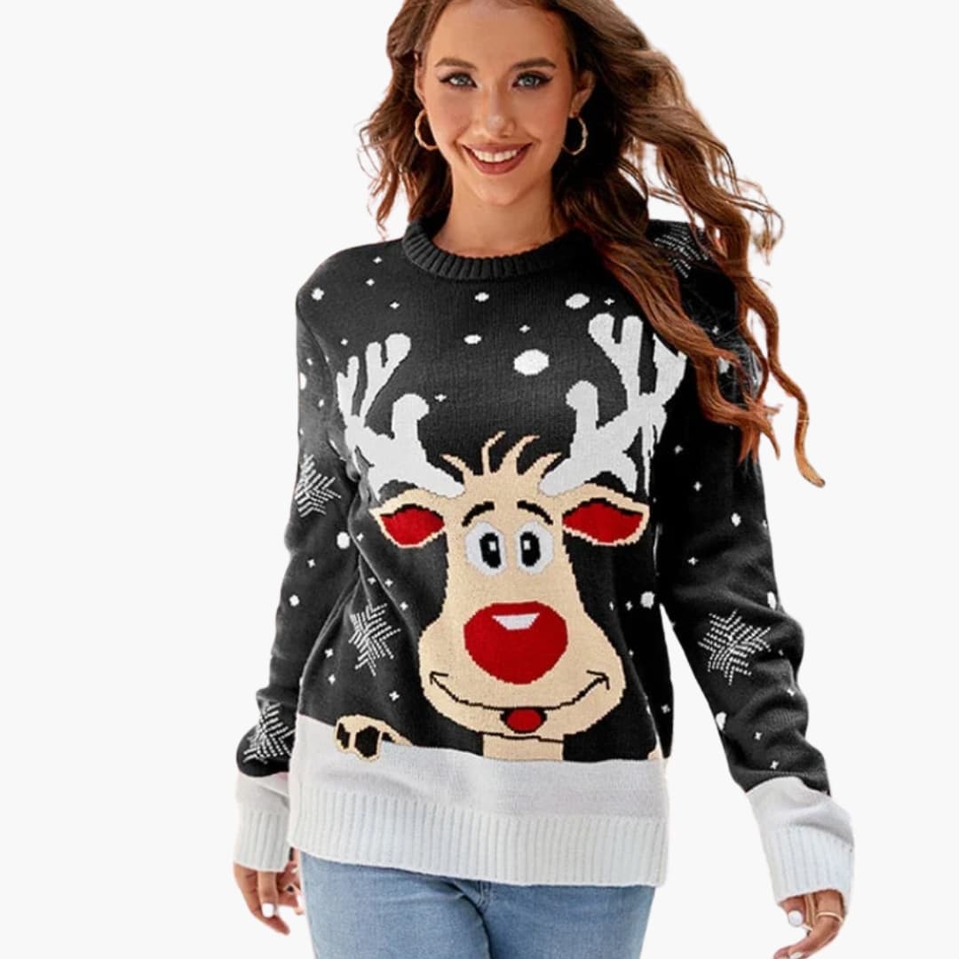 Damen Strickpullover Rentiermotiv Warm Weihnachten