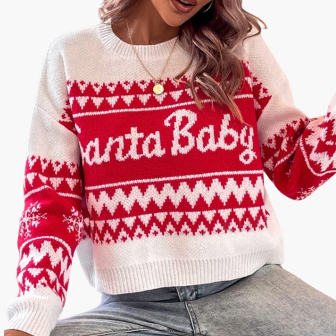 Damen Weihnachtspullover Rundhals Bequem Weihnachtsmuster Rot