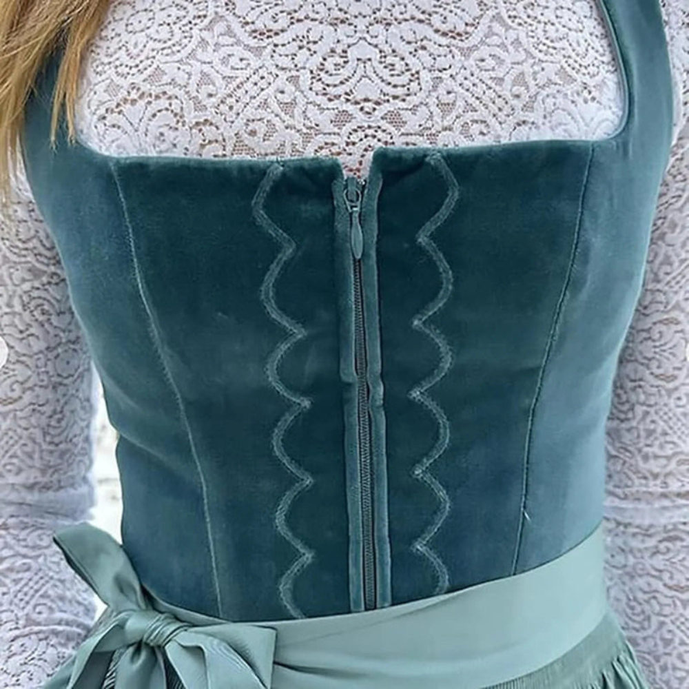 Damen Dirndl Kleid Midi mit Stickereien und Quadratischem Ausschnitt