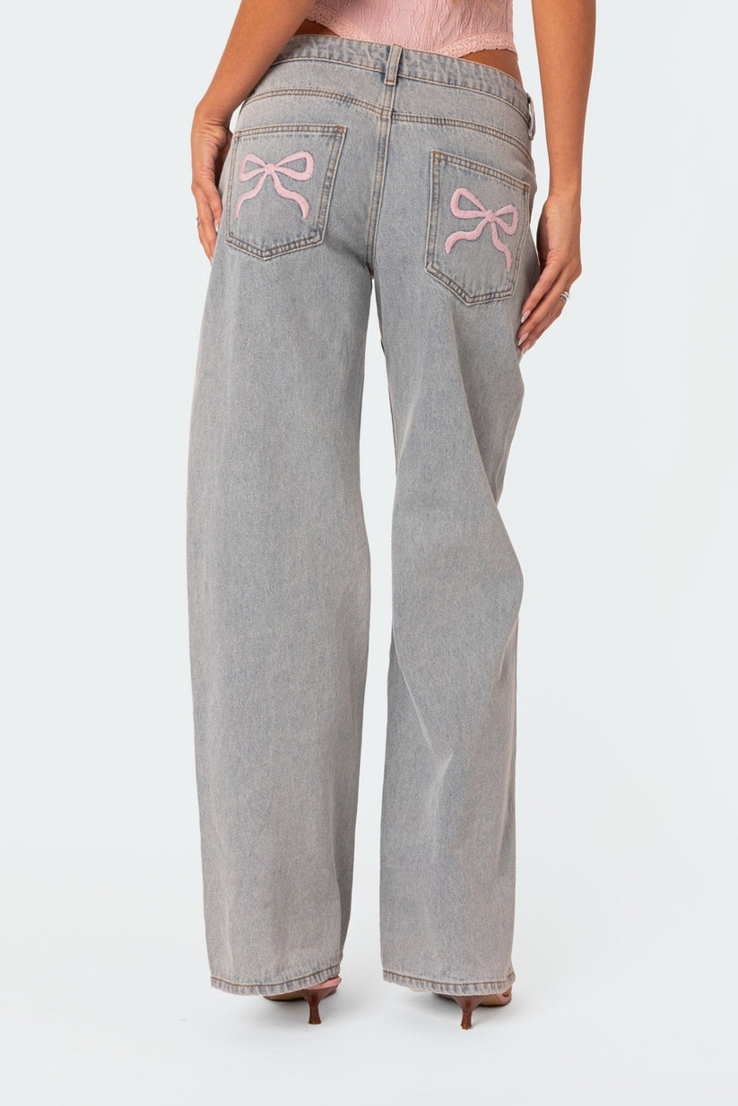 Damen Wide-Leg Jeans mit Stickereien Moderner Schnitt