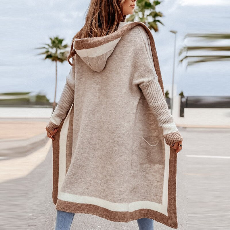 Elarova | Cardigan | Beigefarbener langer Strickcardigan mit Kapuze