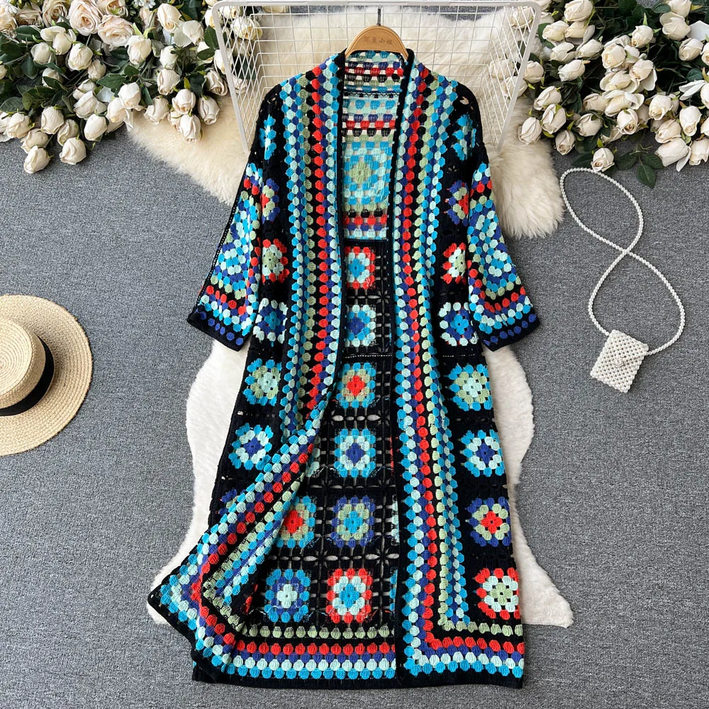 Elarova | Gehäkelte Lange Granny Square Strickjacke