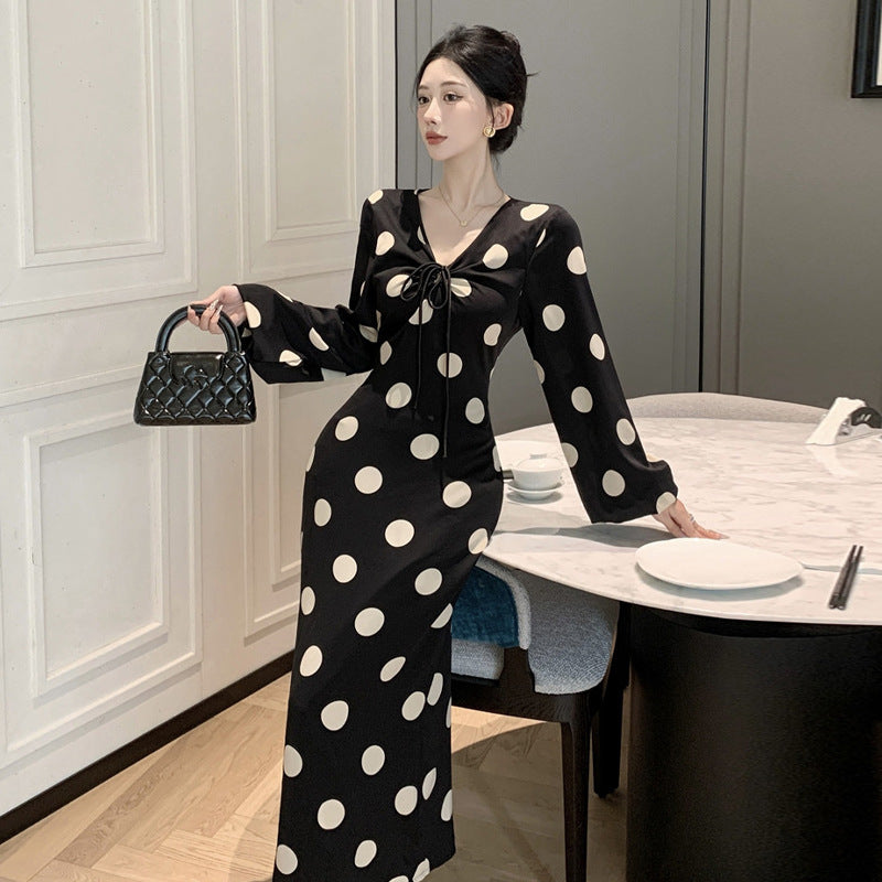Damenkleid Polka Dots V-Ausschnitt Kordelzug Laternenärmel - Norvielle