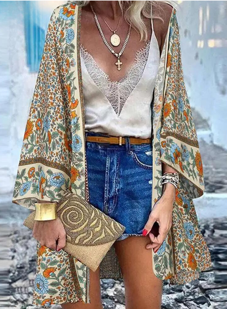 Elarova | Sommerlicher Damen Strickjacke Im Boho Stil Mit Buntem Blumenmuster