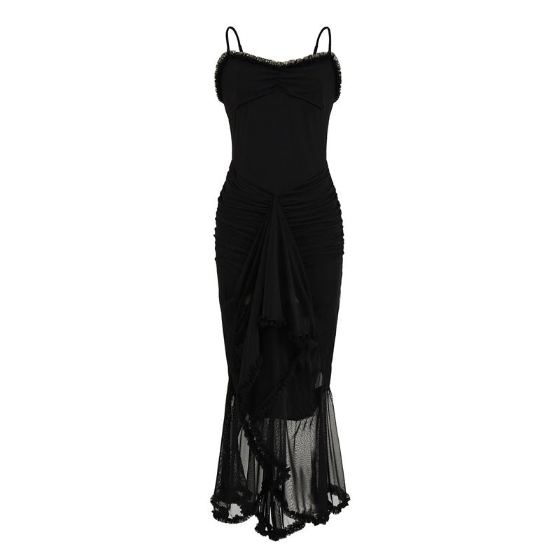 Elarova Trägerkleid: Asymmetrisches Netzkleid mit Schlitz