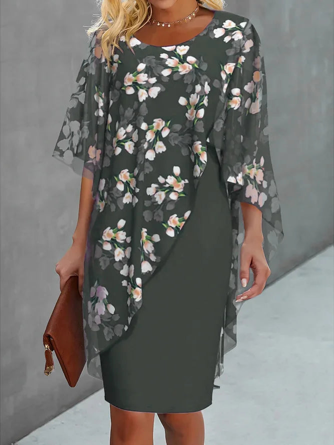 Damen Blumenmuster Bleistiftkleid Rundhalsausschnitt