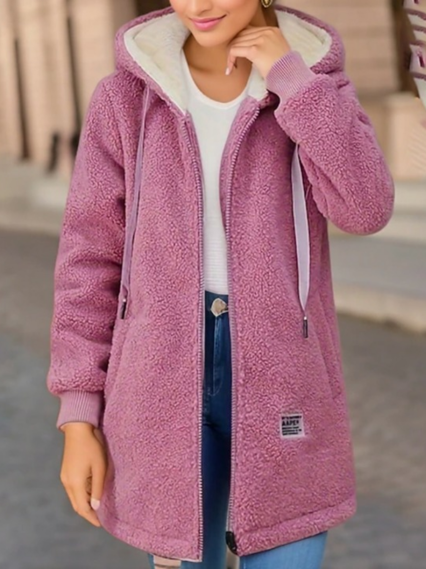 Damen Fleecejacke Mit Kapuze Längere Länge