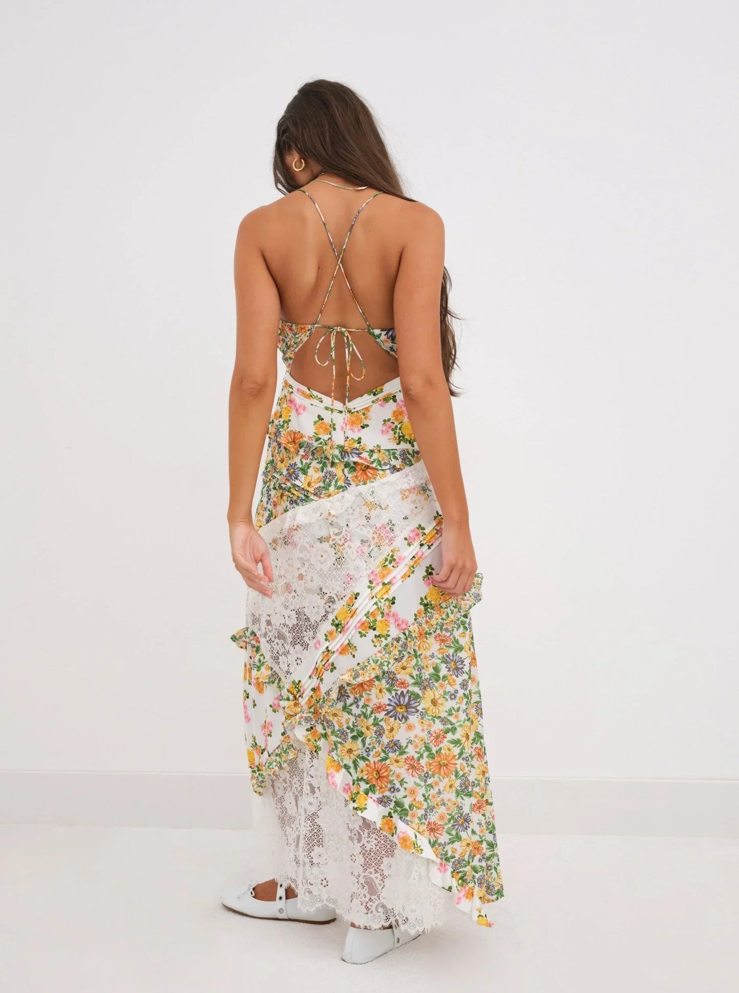 Damen Maxikleid Blumenmuster Spitze Spaghettiträger