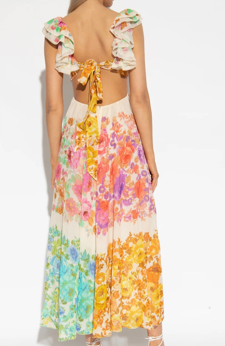 Damen Maxikleid Blumenmuster V-Ausschnitt Rüschen-Träger