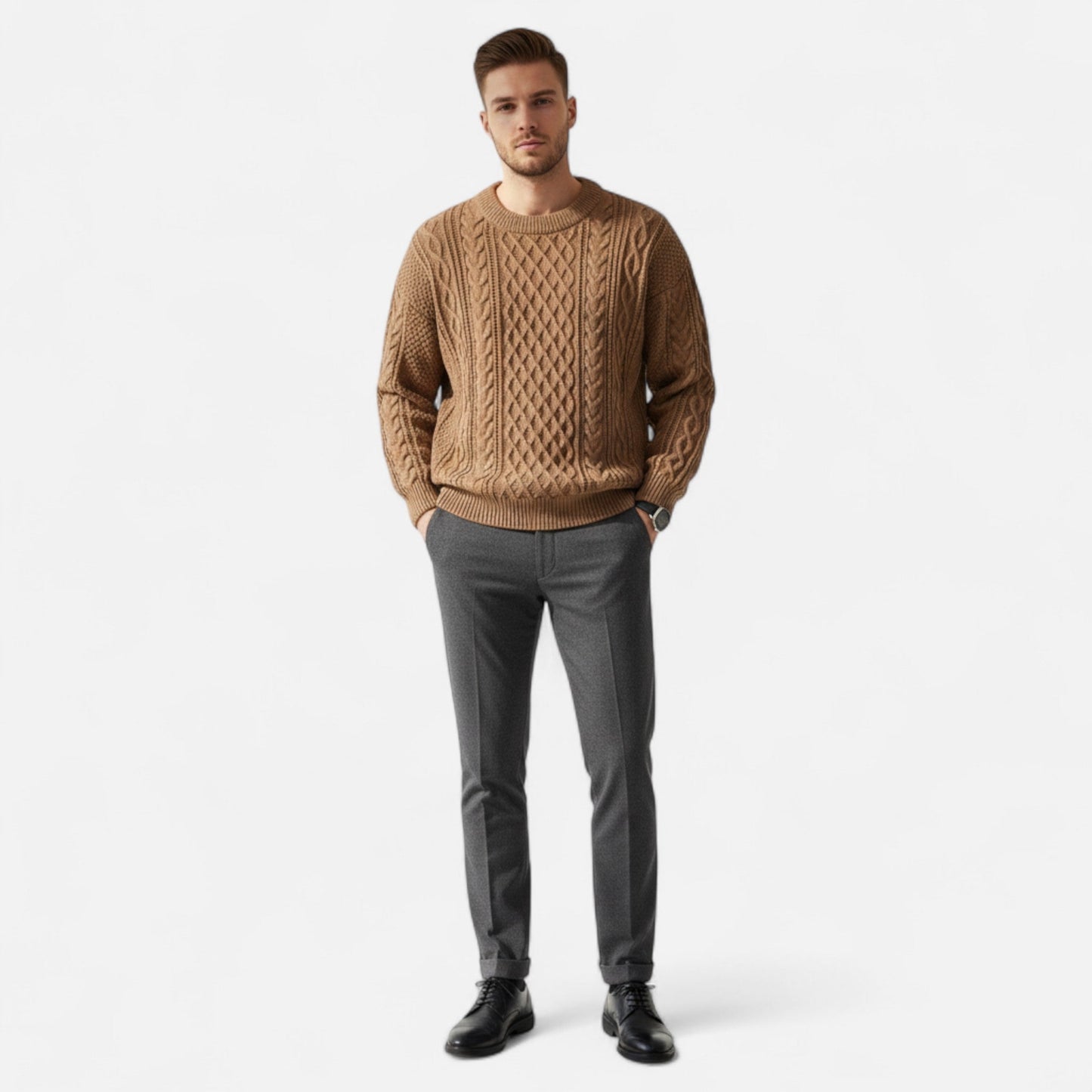 Herren Knit-Pullover Strukturiertes Zopfmuster Klassisch Beige