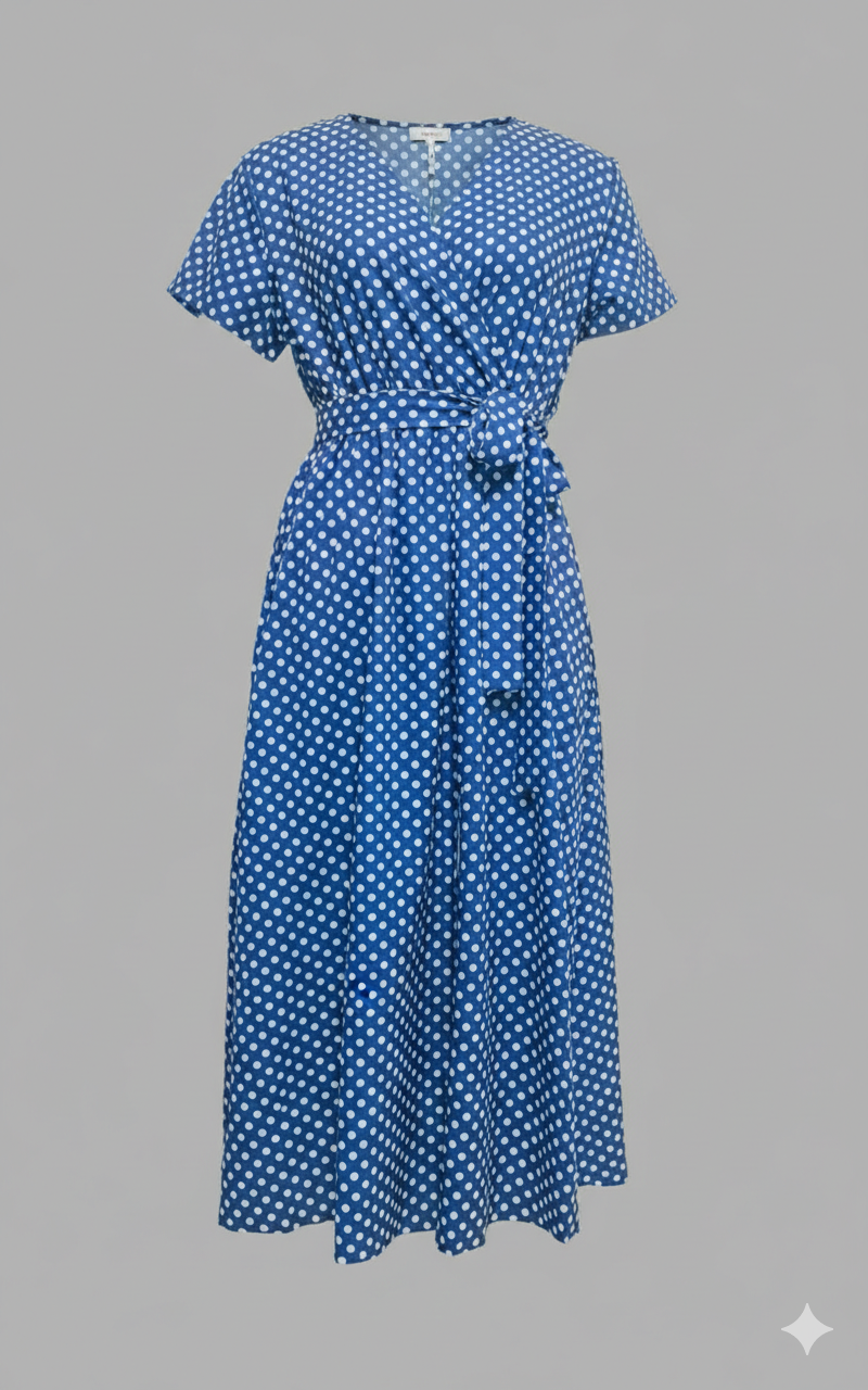 Damen Maxikleid Punkte V-Ausschnitt Bindegürtel