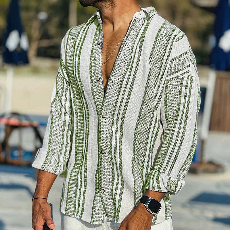 Gestreiftes Hemd - Lange Ärmel - Lose Passform - Leinenhemd - Herren Sommerhemd-Grün-S-Chaps Herrenmode