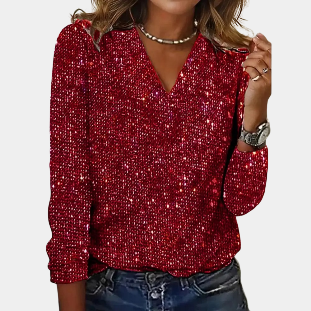 Damen Glitzerbluse V-Ausschnitt Langarm