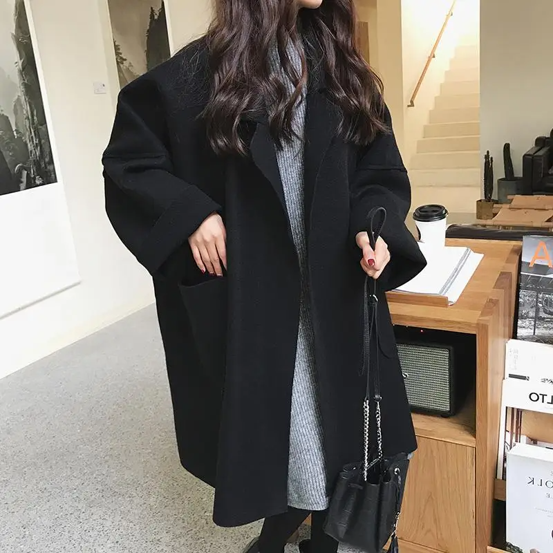 Damen Oversized Wollmantel Lang Offen mit Taschen