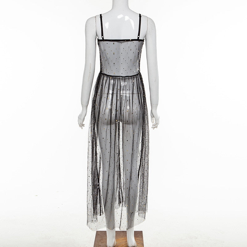 Norvielle Damen Maxi-Kleid Netz Ärmellos Transparent