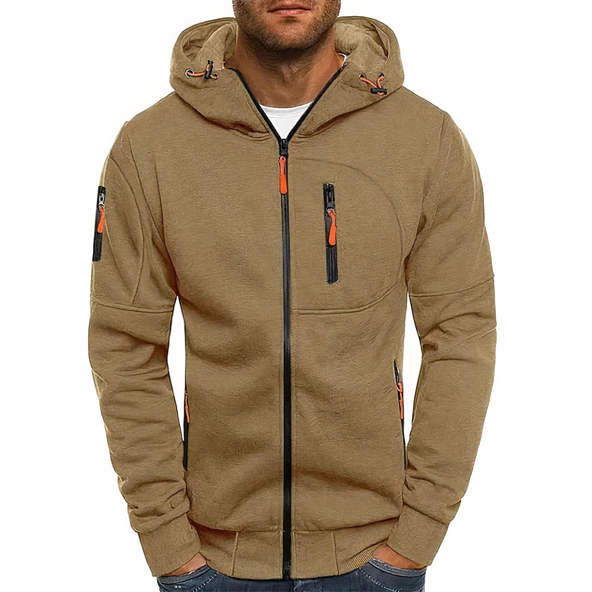 Hoodie | Langarm | Taschen | Zip Hoodie | Herren Hoodie-Khaki-S-Chaps Herrenmode