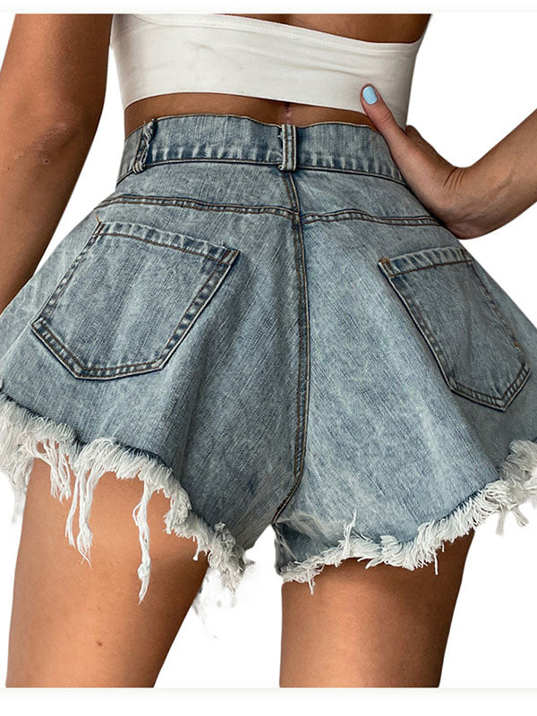 Damen Denim-Jeans-Shorts Hohe Taille Mit Fransen