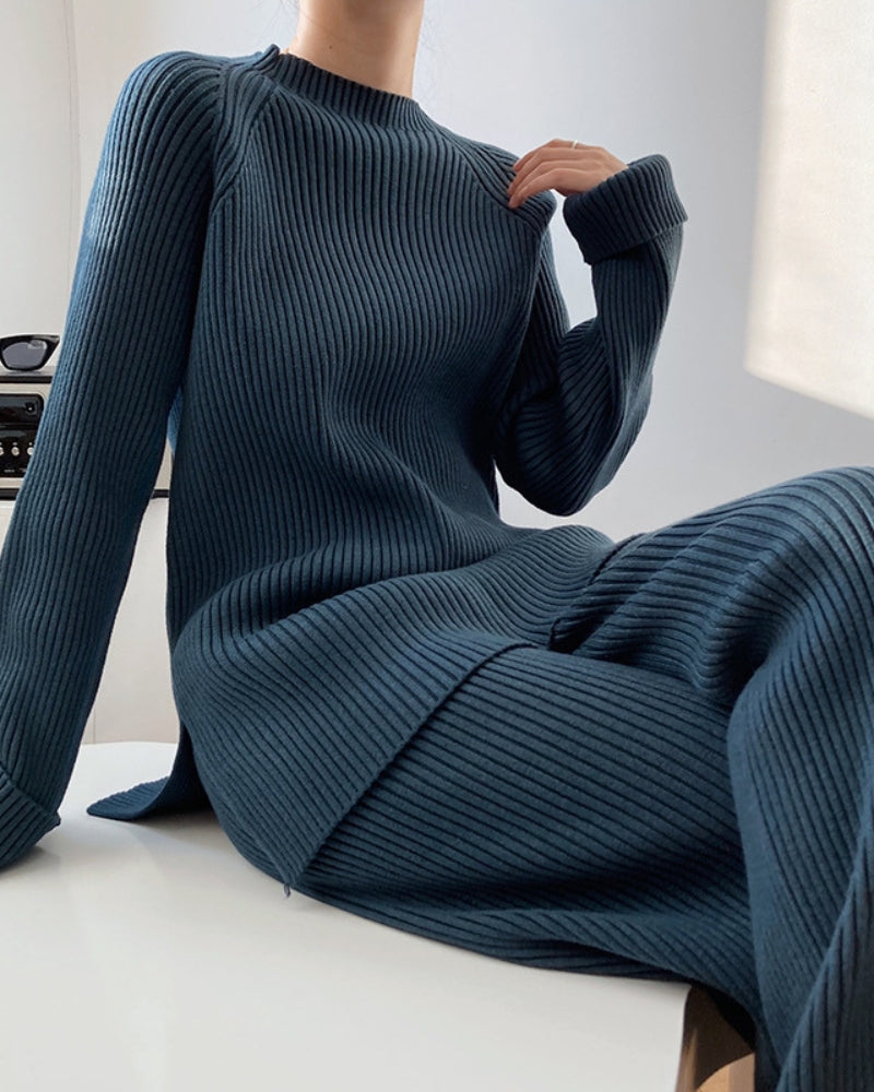 Damen Lounge-Set Rippenstrick Zweiteilig Bein Schlaghosen Pullover