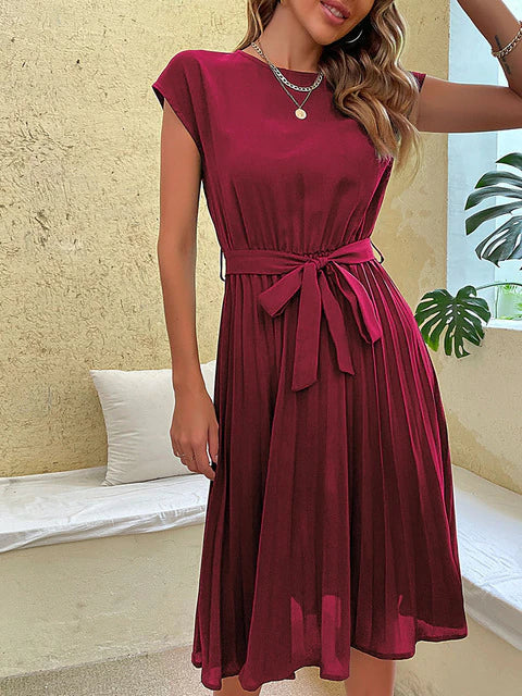 Damen Sommerkleid Kurzarm Knielang mit Taillengürtel