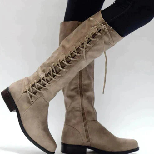 Kniehohe Damenstiefel Kunstleder Schnürung Vorne Flach