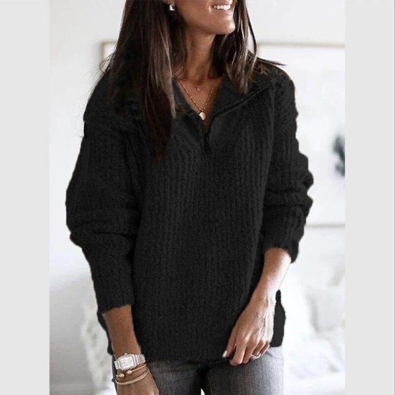 Damenpullover Bequem V-Ausschnitt Zip-Up