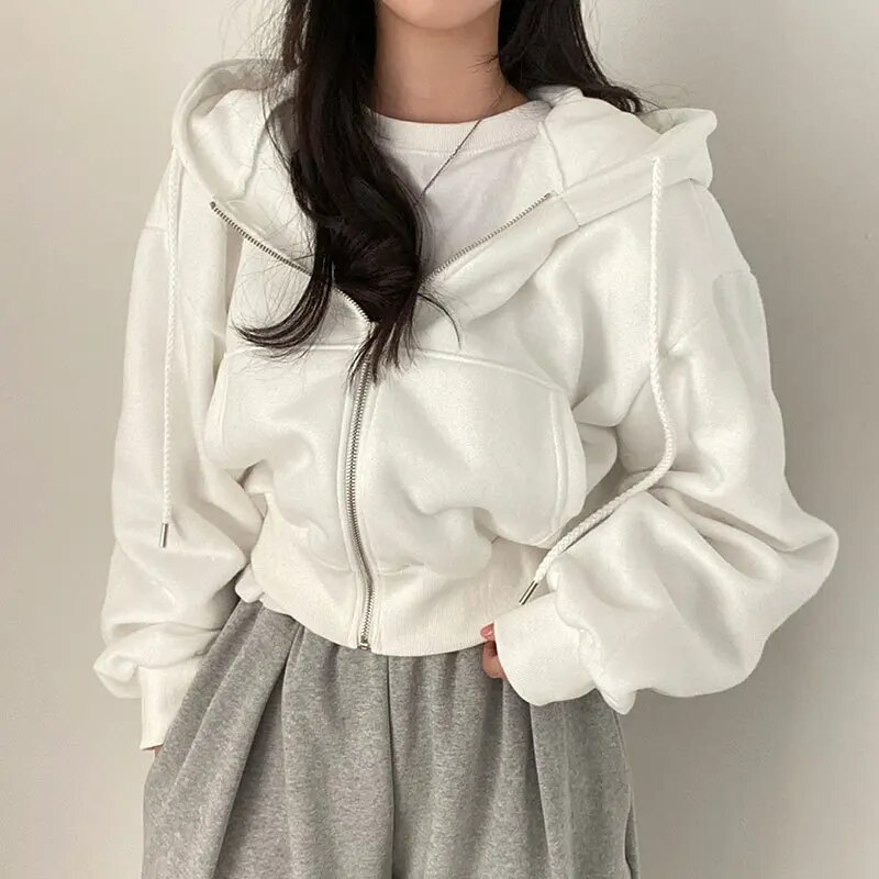 Kurzer Hoodie – Durchgehender Reißverschluss – Abgesenkte Schultern – Hoodie mit Reißverschluss – Damen-Hoodie-Weiß-M-Chaps Herrenmode
