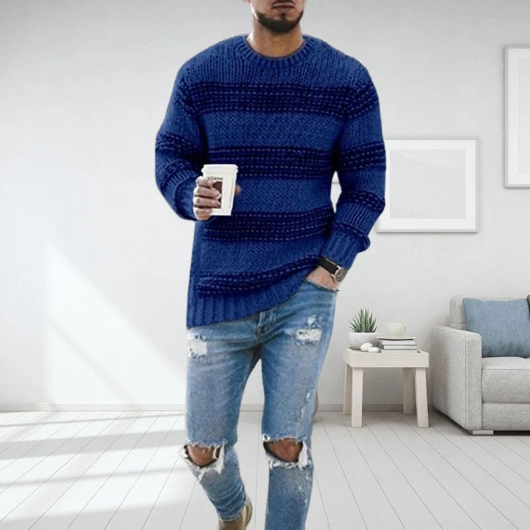 Herren Strickpullover Grob Gestrickt Rundhals Streifenmuster