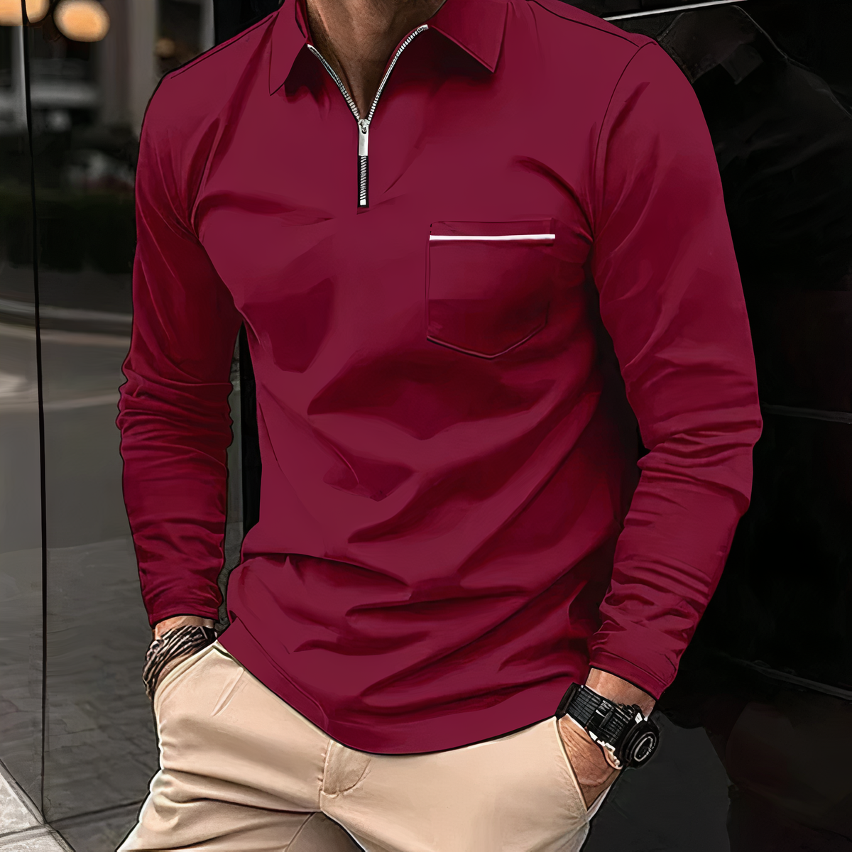 Langarm-Poloshirt - Polohemd für Männer mit halbem Reißverschluss und Umlegekragen-Rot-S-Chaps Herrenmode