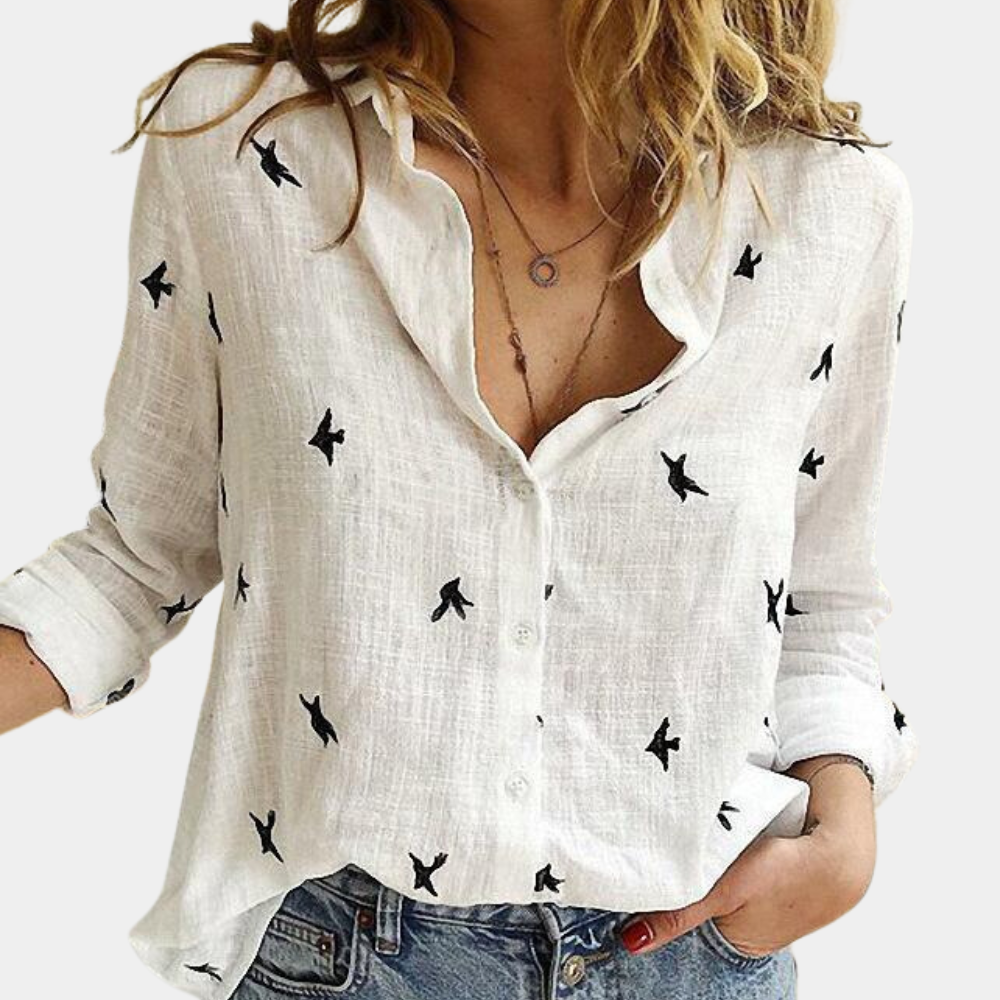 Damenbluse Schwalbenmuster Bluse aus Baumwolle Weiße Bluse