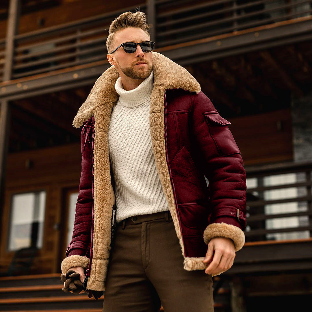 Norvielle Herren Pilotenjacke Imitationsschafsfell Futter