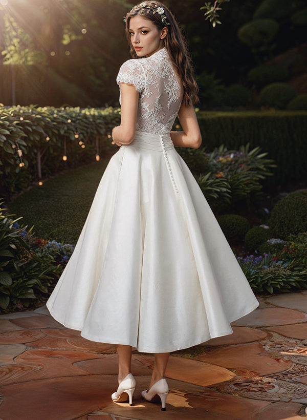 Damen Hochzeitskleid Spitzen V-Ausschnitt Midi Weiß