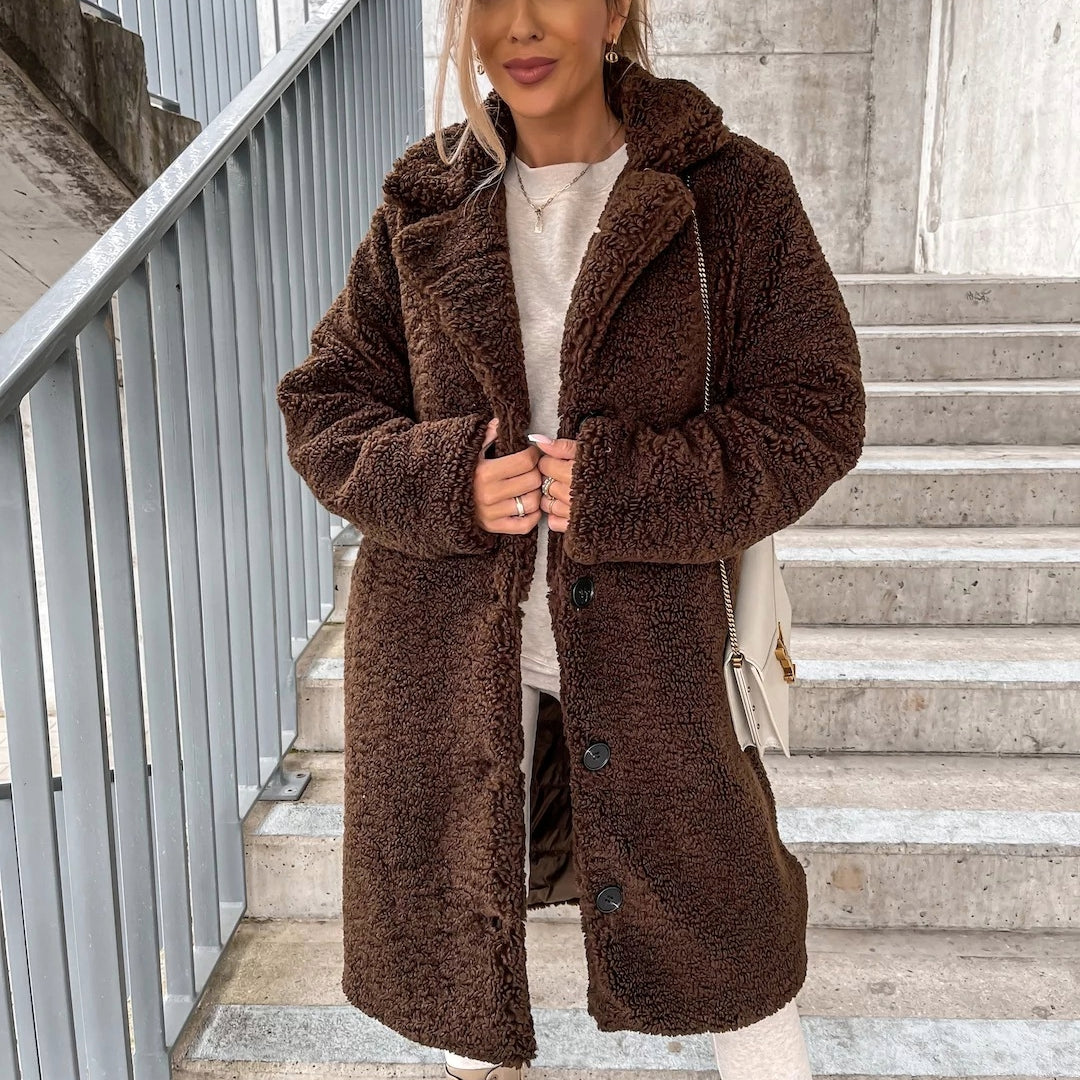 Damen Teddy-Langmantel Weiches Plüsch Einfarbig