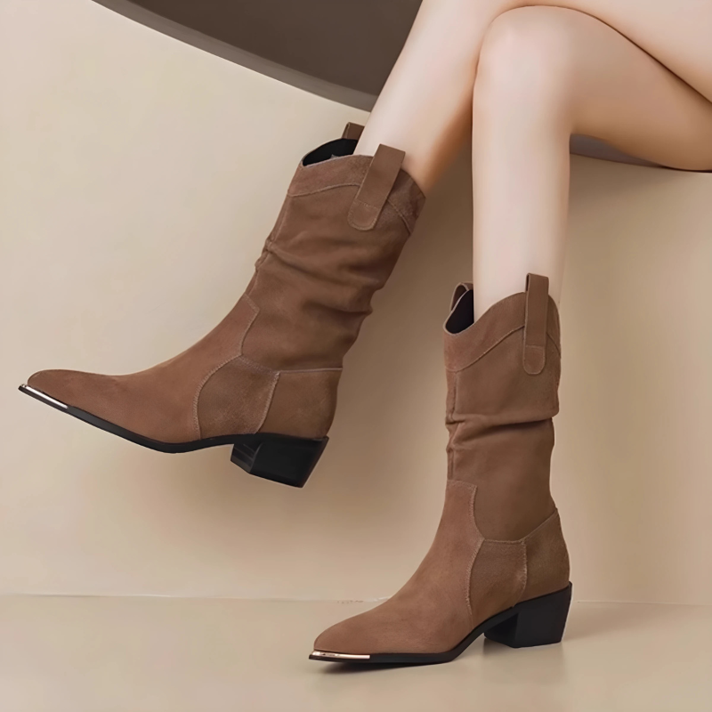 Damen Stiefel Wildlederoptik Oberschenkelhoch Spitz Metallkappe