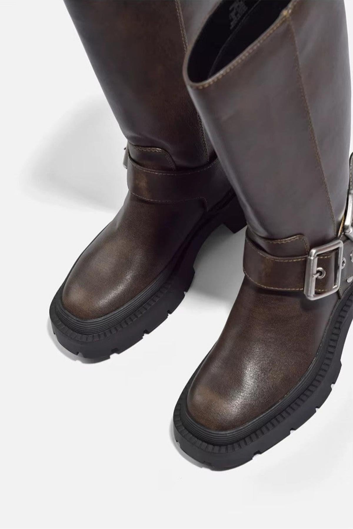 Damen Stiefel Schnalle Flach