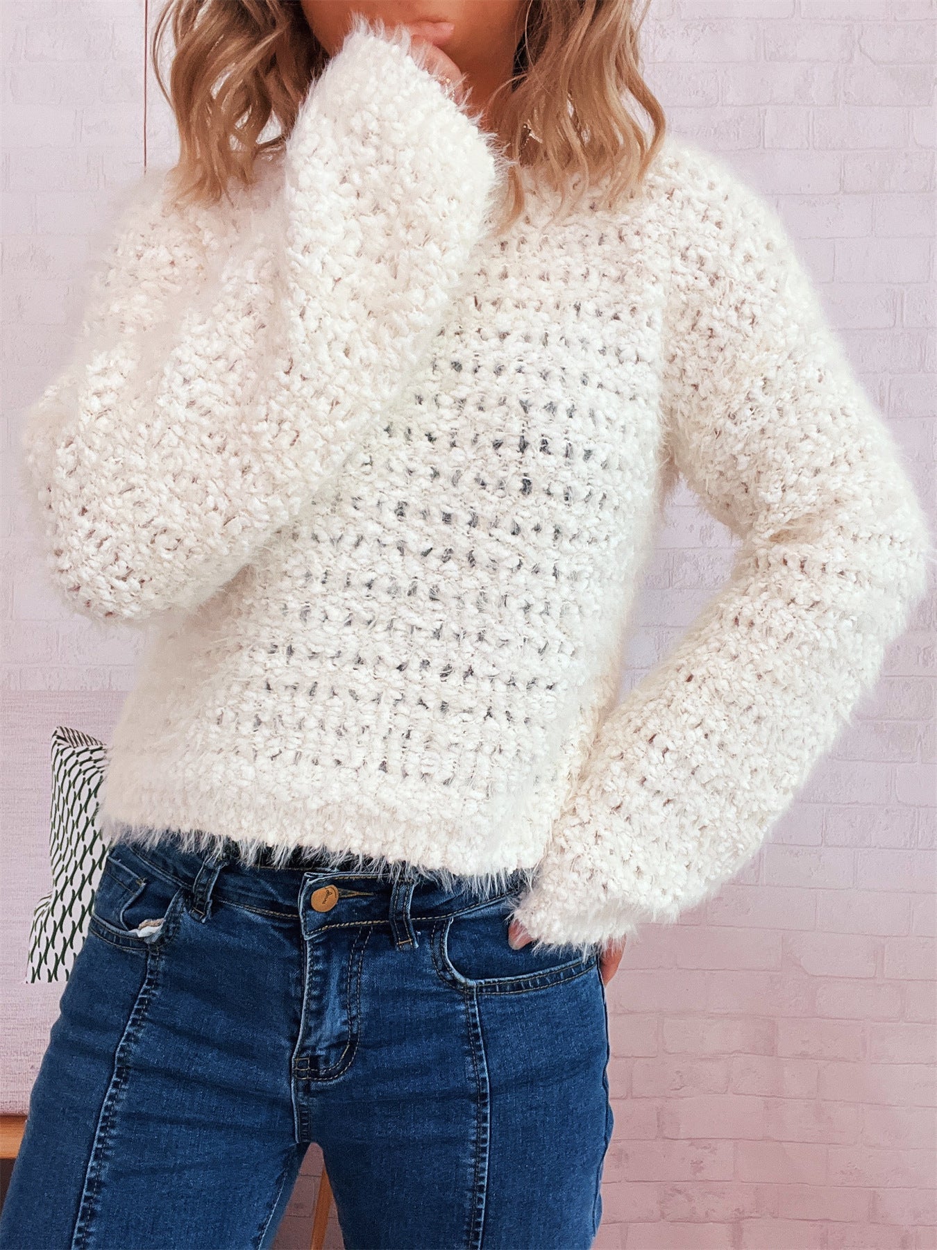 Damen Strickpullover Kuschelig Struktur Norvielle Weite Ärmel