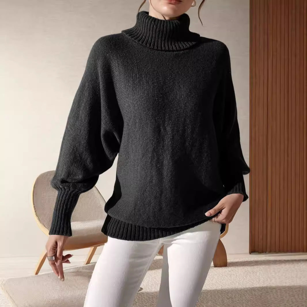 Damen Rollkragenpullover Voluminöse Ärmeln Feines Strickmuster