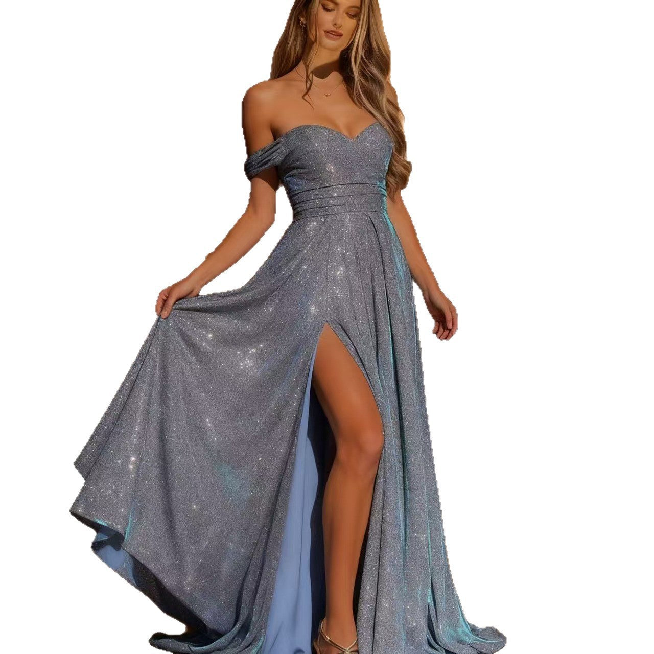 Damen Abendkleid Lurex Seidenstoff Schlitz