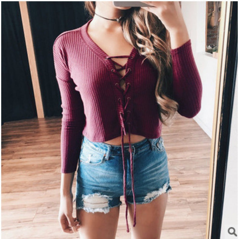 Damen Pullover Cropped Schnürung Norvielle